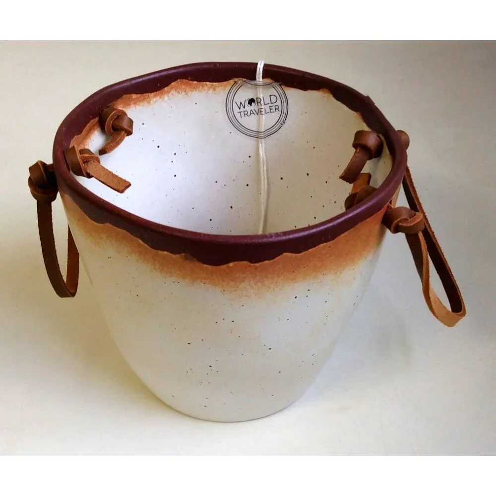Ceramic Ice Bucket with Leather Strap Handles, Summer Party